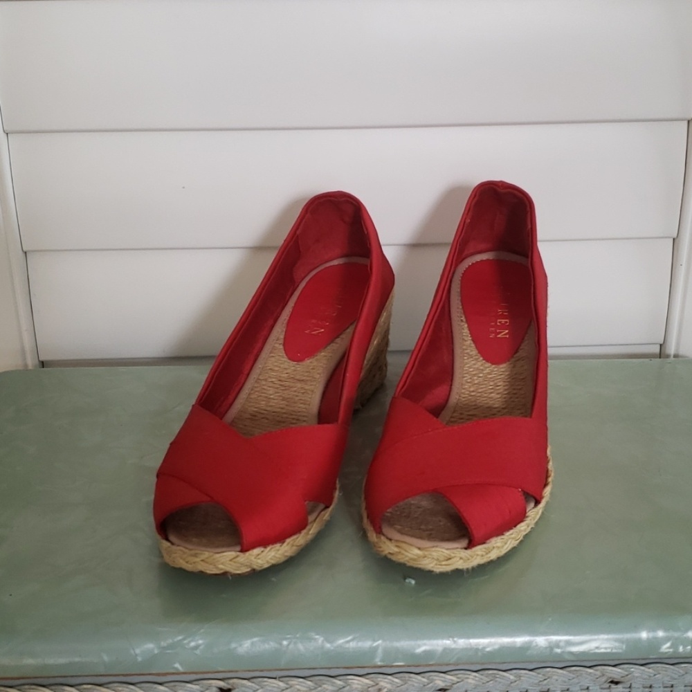Ralph Lauren red, shantung silk espadrilles